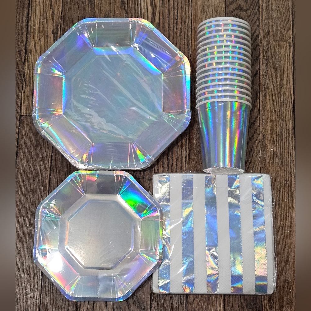 New Disposable party tableware pack silver iridescent